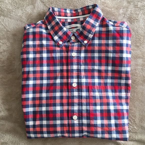 Blue and Red Buffalo Check Plaid Short Sleeve Button Down Collar Shirt Sz Medium - Picture 1 of 7